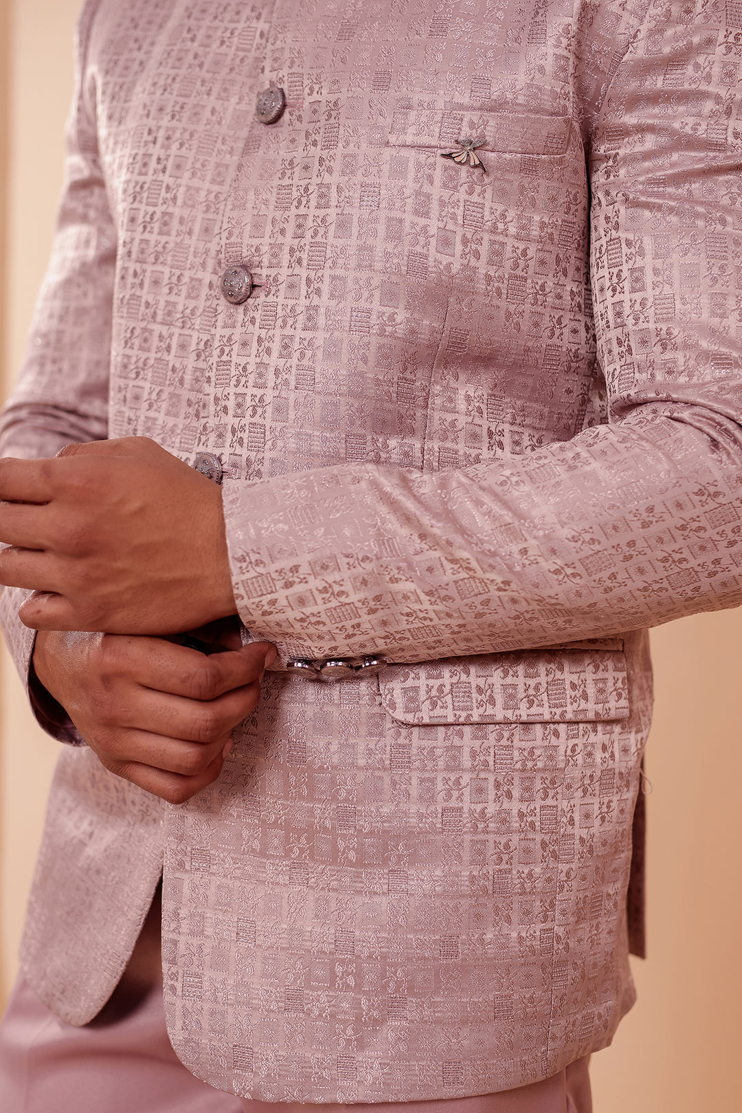 Dusty Pink Brocade Weave Silk Jodhpuri Suit.