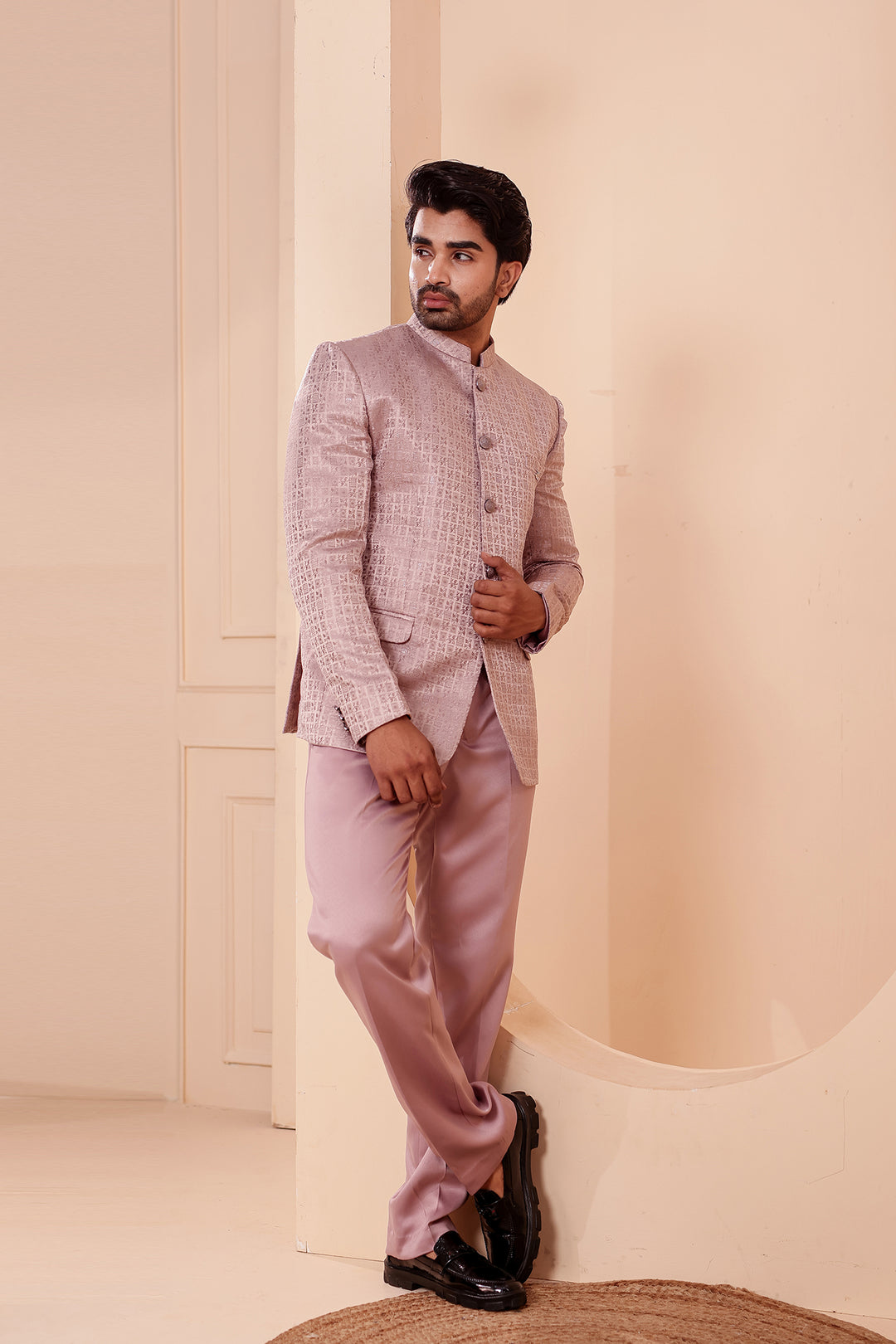 Dusty Pink Brocade Weave Silk Jodhpuri Suit.