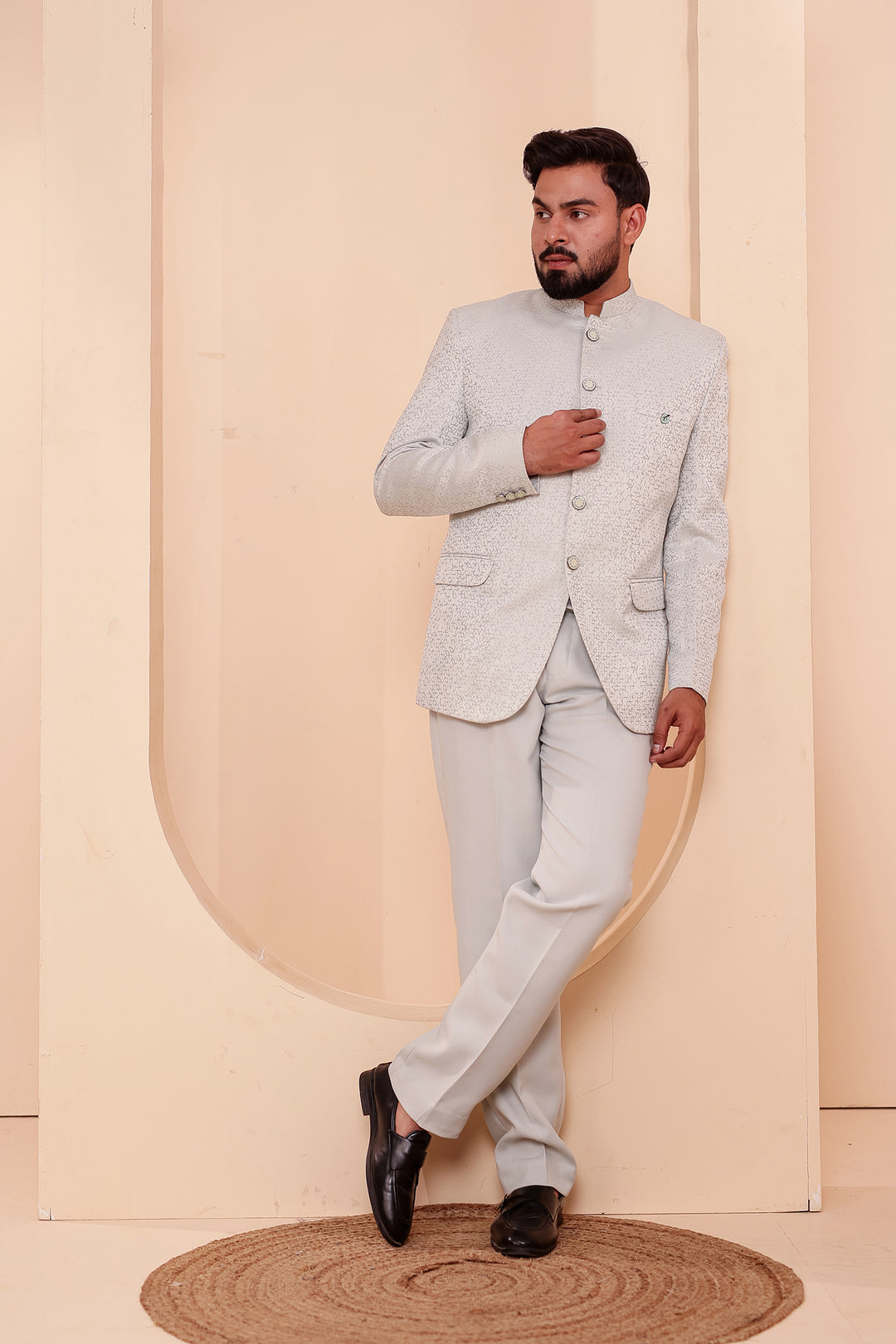 Light Mint Jacquard Weave Jodhpuri Suit.