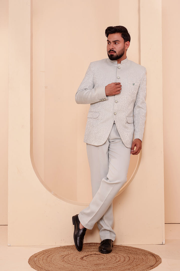 Light Mint Jacquard Weave Jodhpuri Suit.