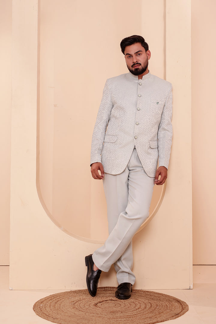 Light Mint Jacquard Weave Jodhpuri Suit.