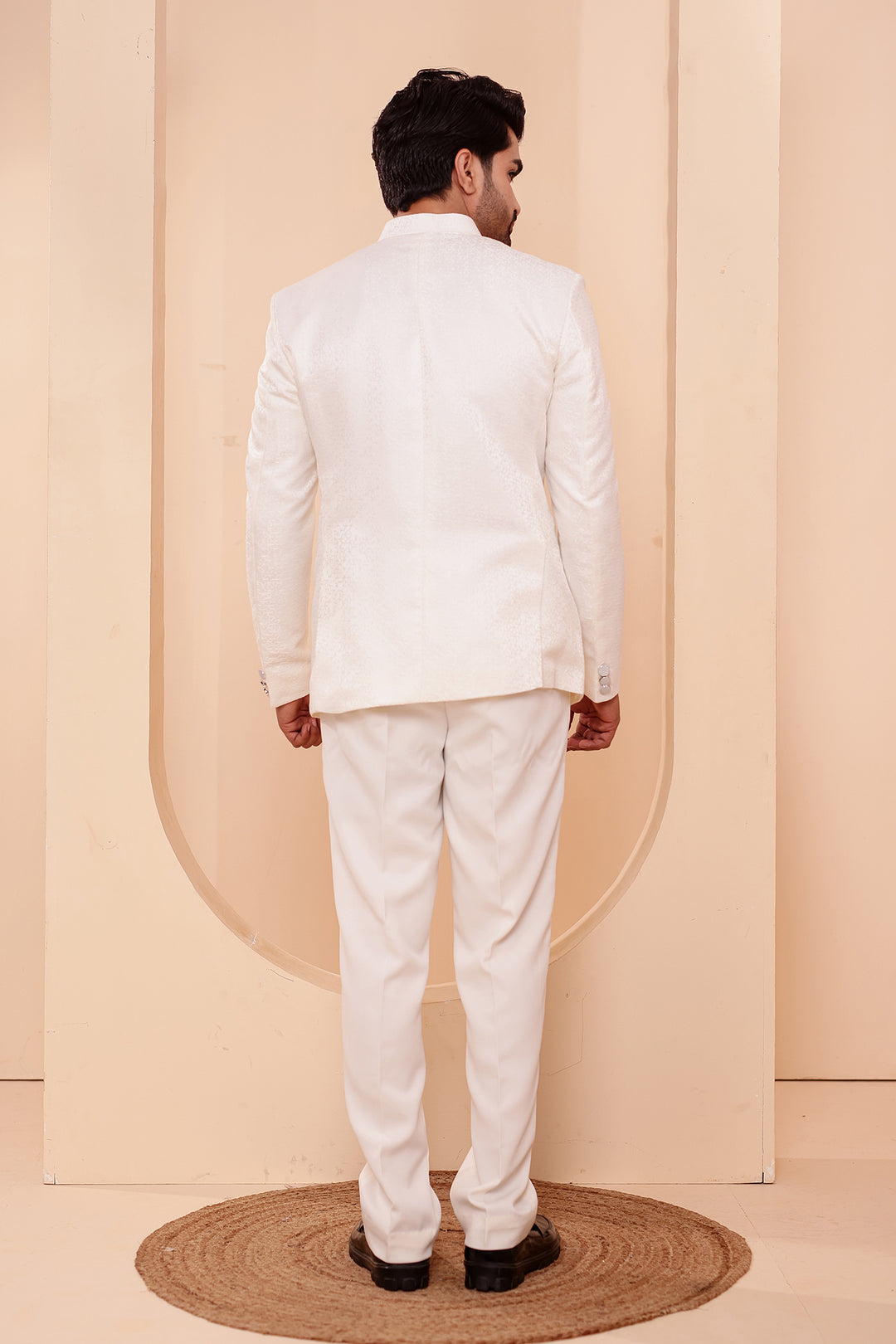 Cream Jacquard Weave Jodhpuri Suit.