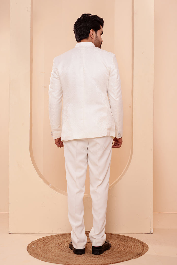 Cream Jacquard Weave Jodhpuri Suit.