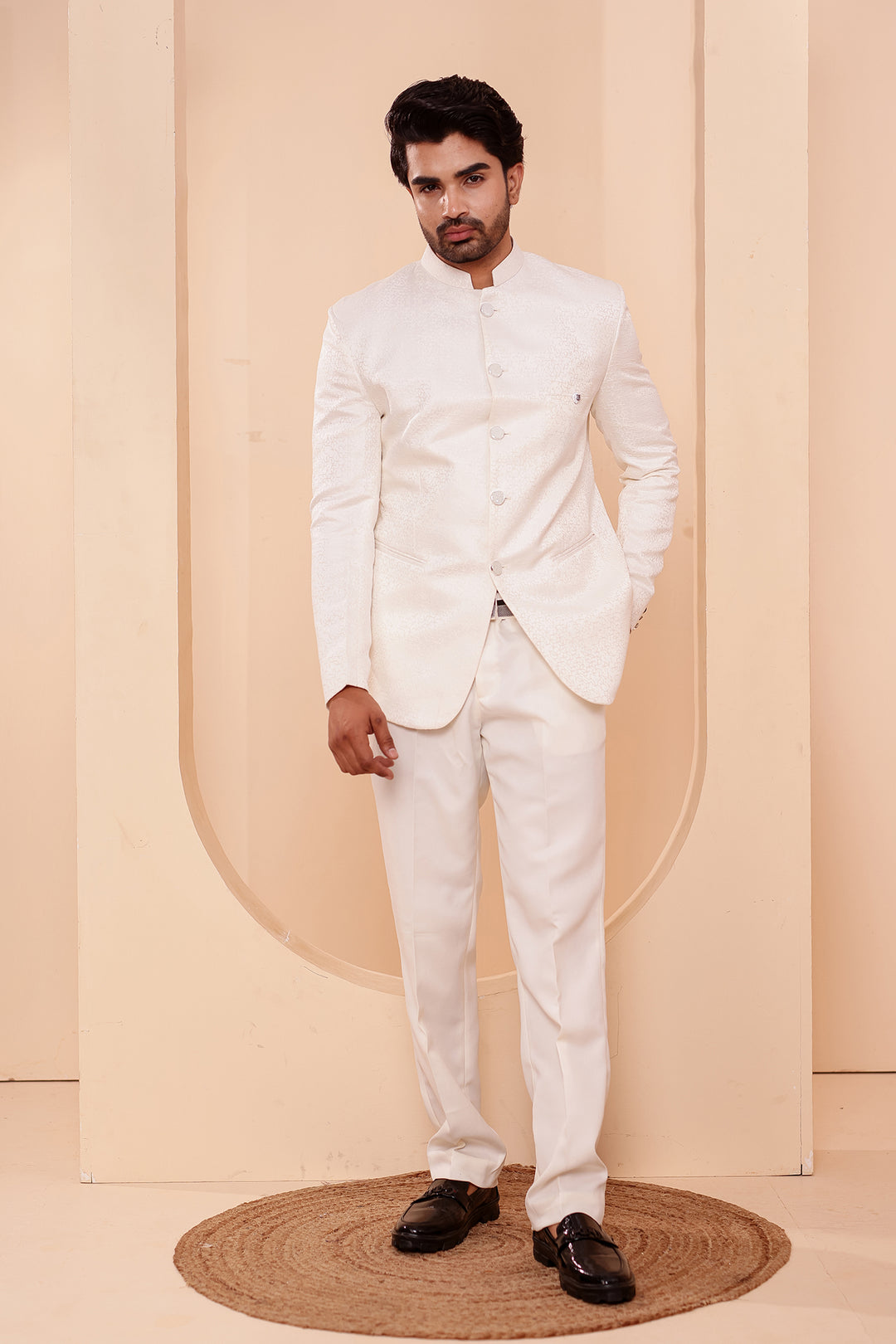 Cream Jacquard Weave Jodhpuri Suit.