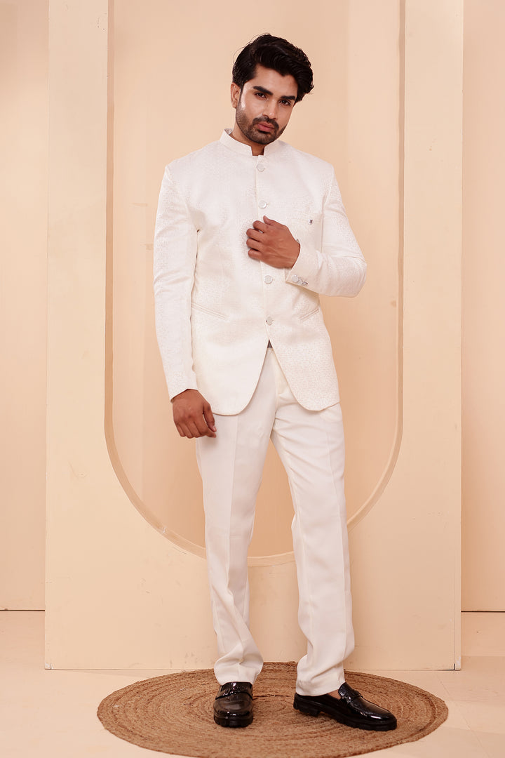 Cream Jacquard Weave Jodhpuri Suit.