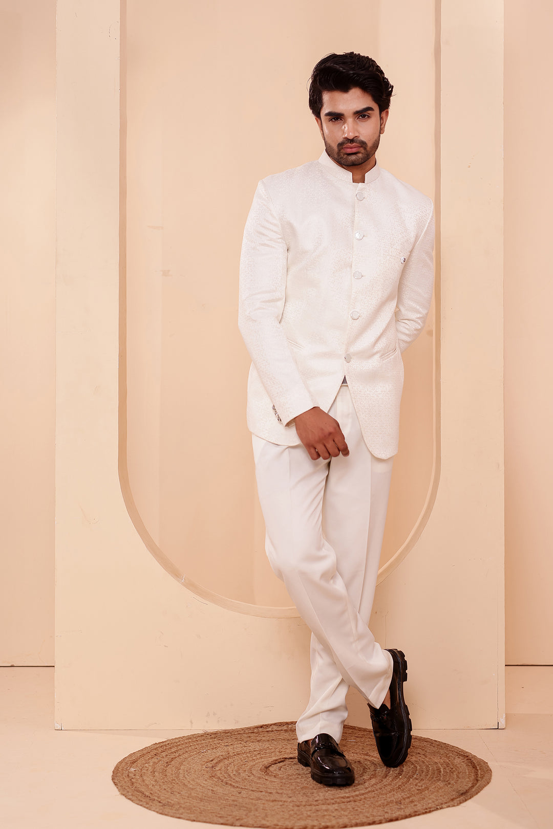Cream Jacquard Weave Jodhpuri Suit.