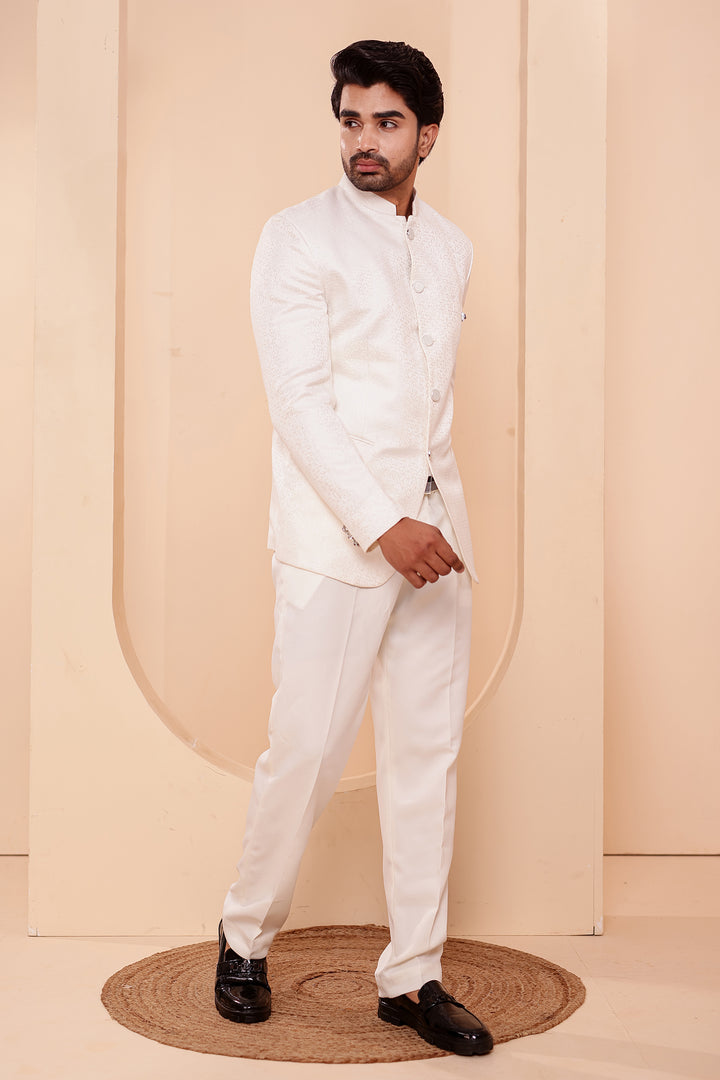 Cream Jacquard Weave Jodhpuri Suit.