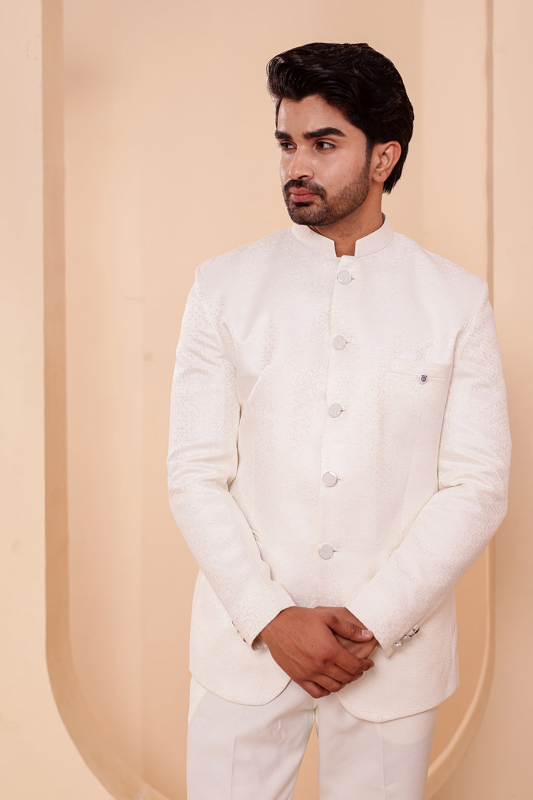 Cream Jacquard Weave Jodhpuri Suit.