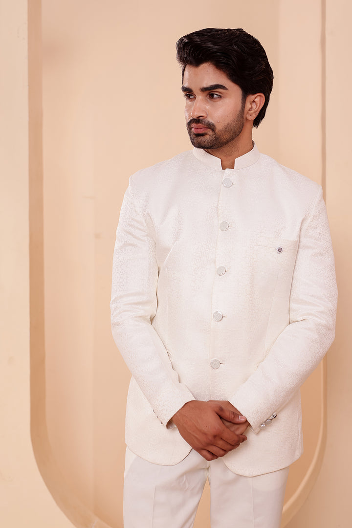Cream Jacquard Weave Jodhpuri Suit.