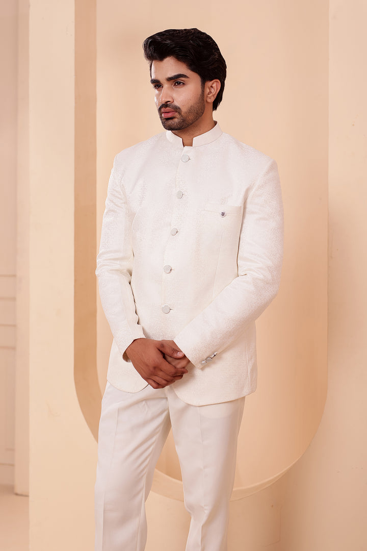 Cream Jacquard Weave Jodhpuri Suit.