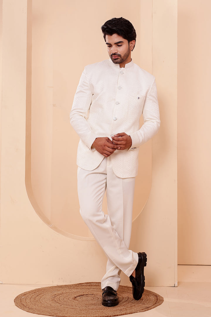 Cream Jacquard Weave Jodhpuri Suit.