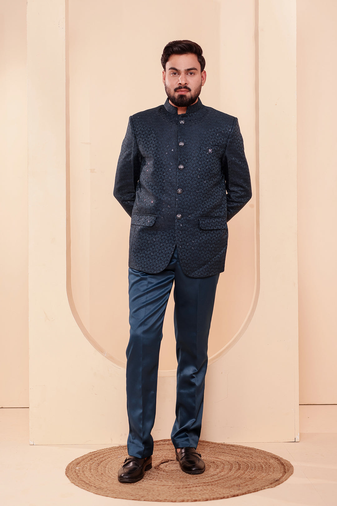 Jade Green Brocade Silk Jodhpuri Suit with Sequin Work.