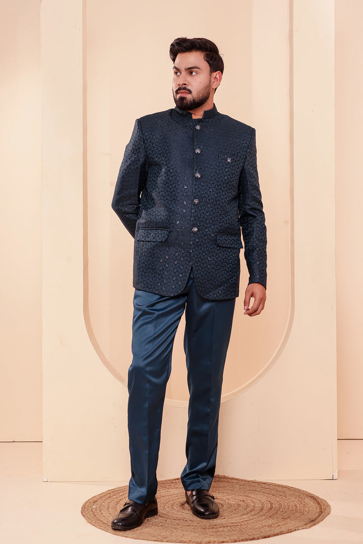 Jade Green Brocade Silk Jodhpuri Suit with Sequin Work.