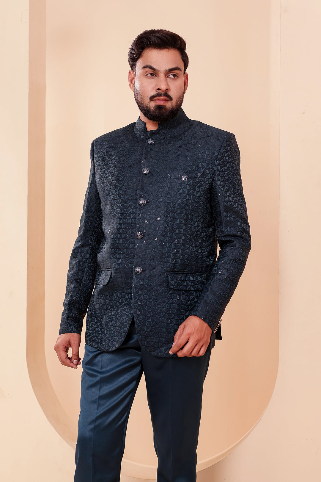 Jade Green Brocade Silk Jodhpuri Suit with Sequin Work.
