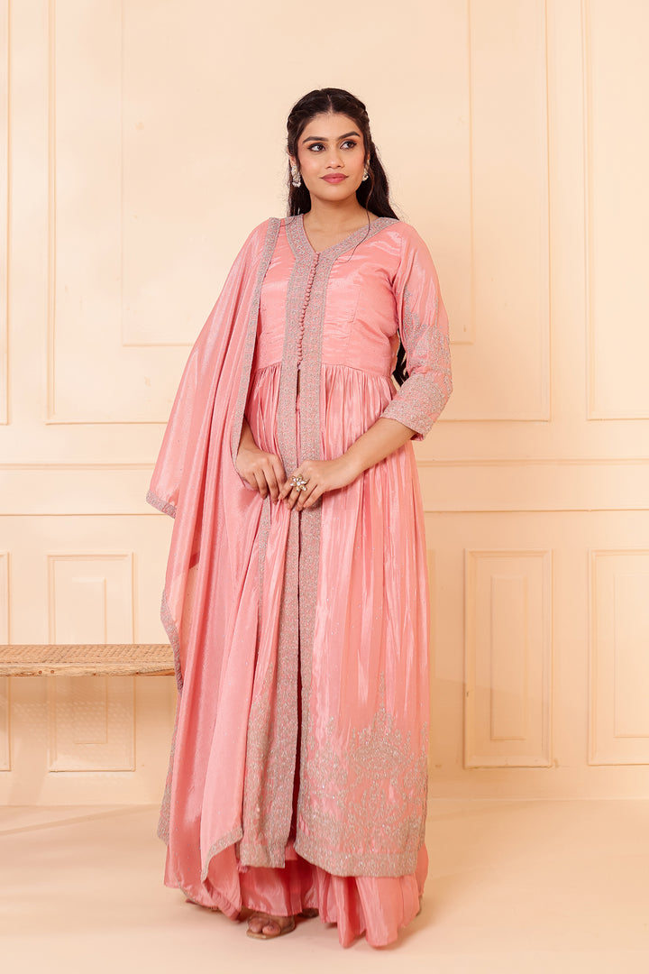 Light Peach Chinon Silk Long Anarkali with Skirt.