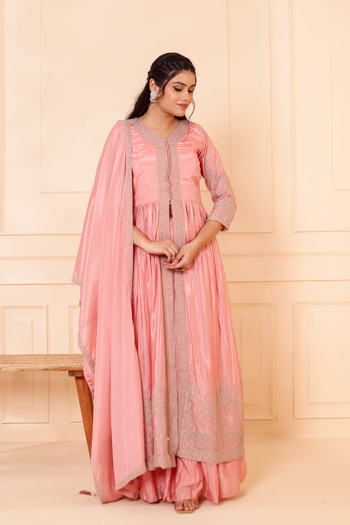 Light Peach Chinon Silk Long Anarkali with Skirt.