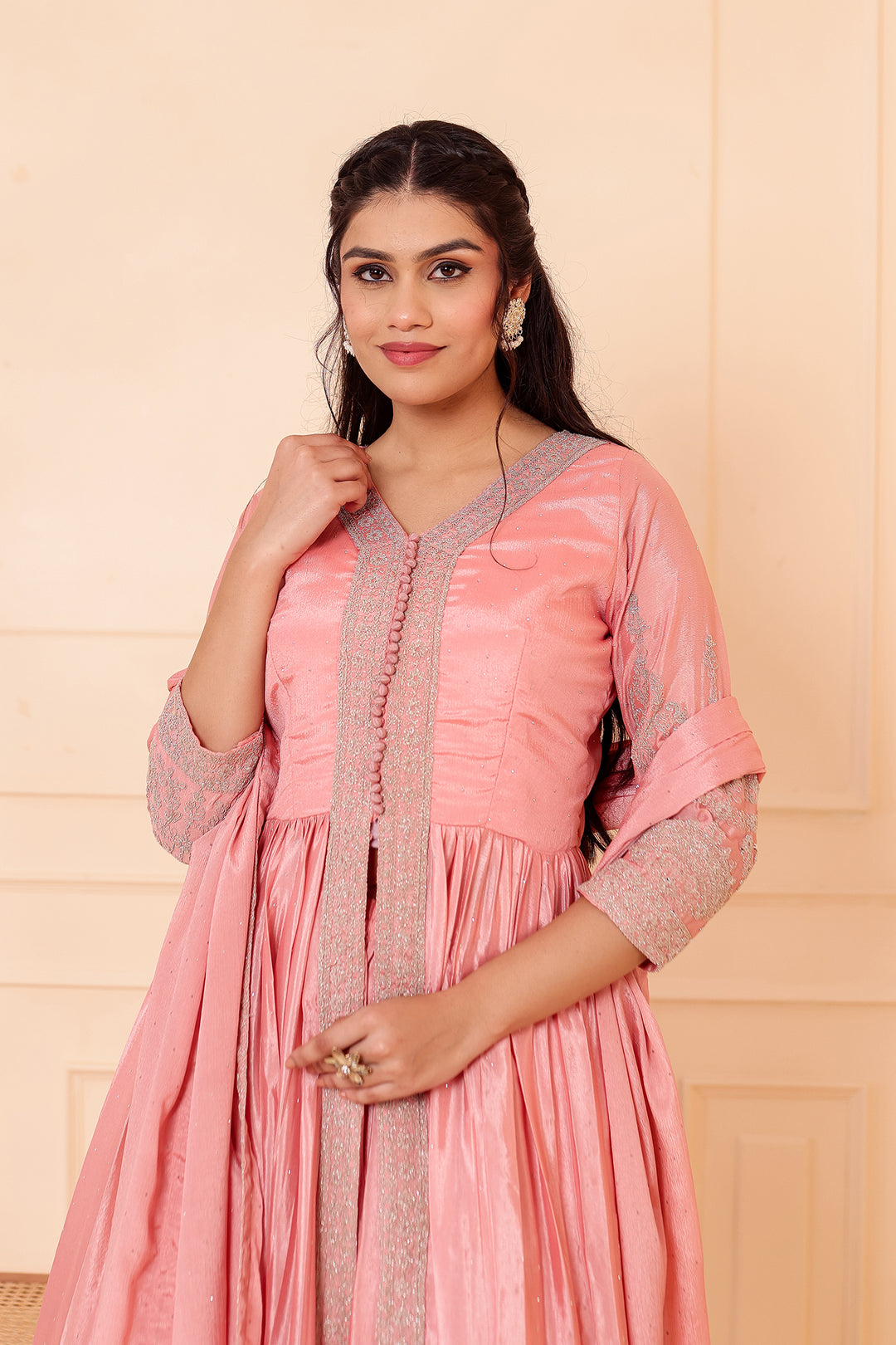 Light Peach Chinon Silk Long Anarkali with Skirt.