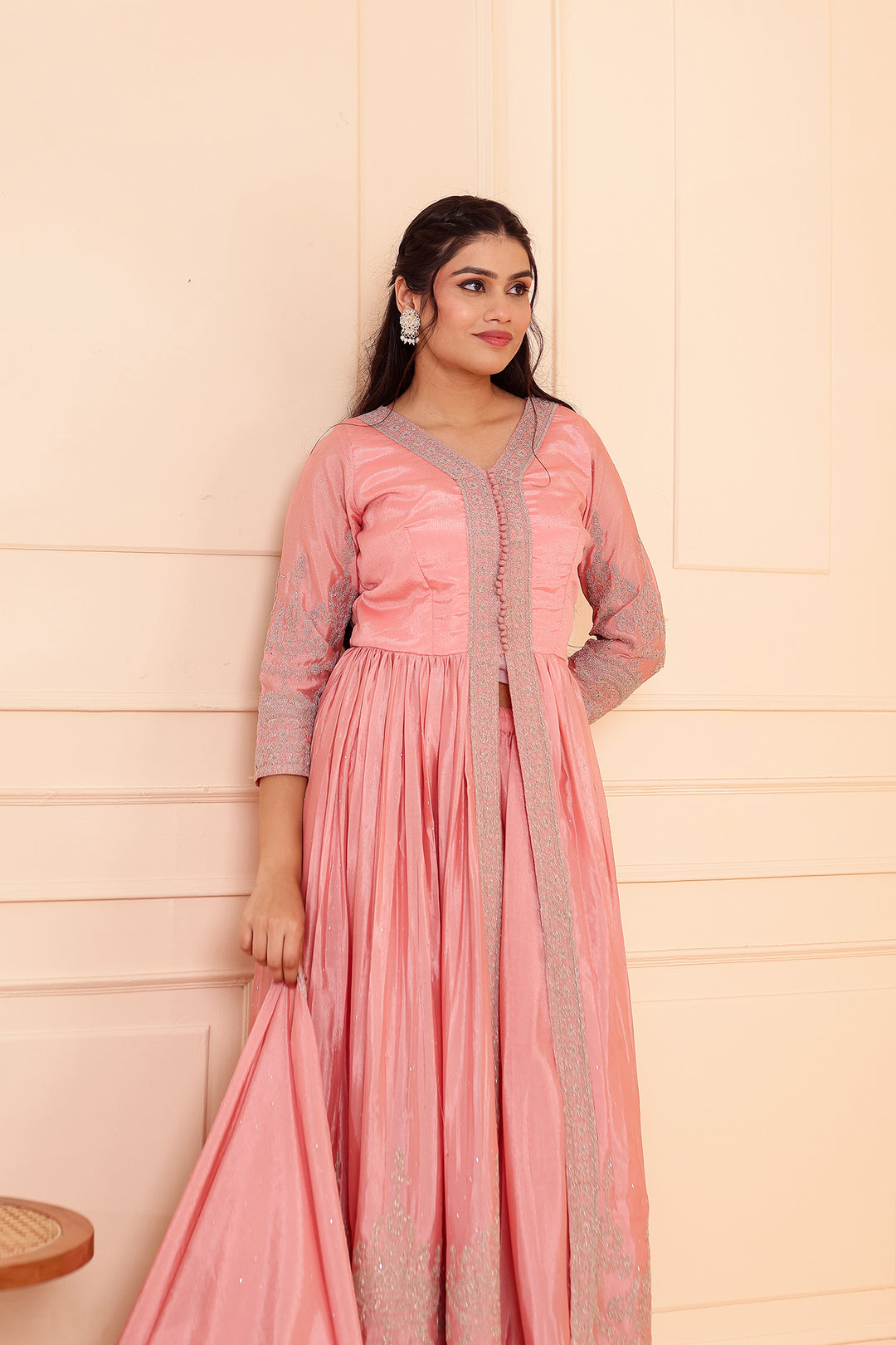 Light Peach Chinon Silk Long Anarkali with Skirt.