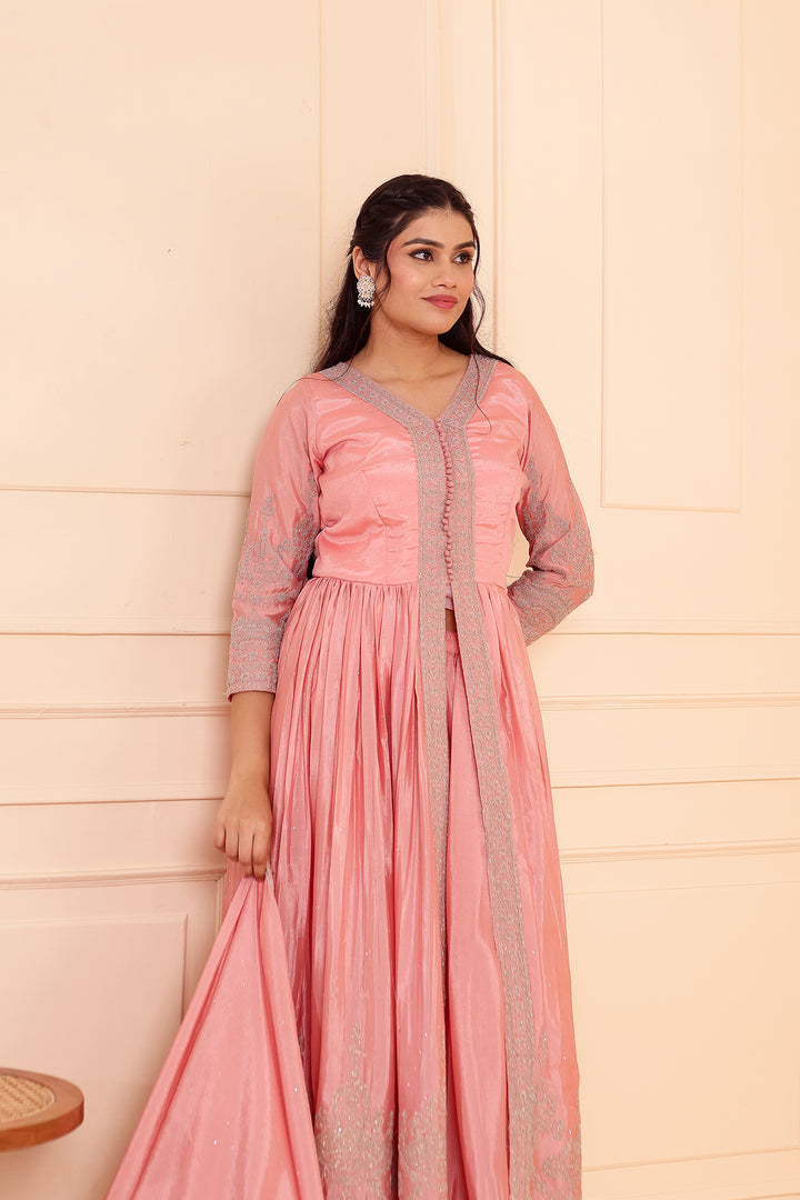 Light Peach Chinon Silk Long Anarkali with Skirt.