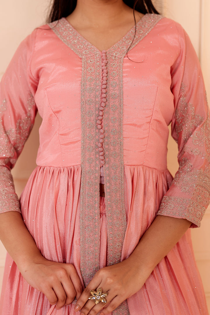 Light Peach Chinon Silk Long Anarkali with Skirt.