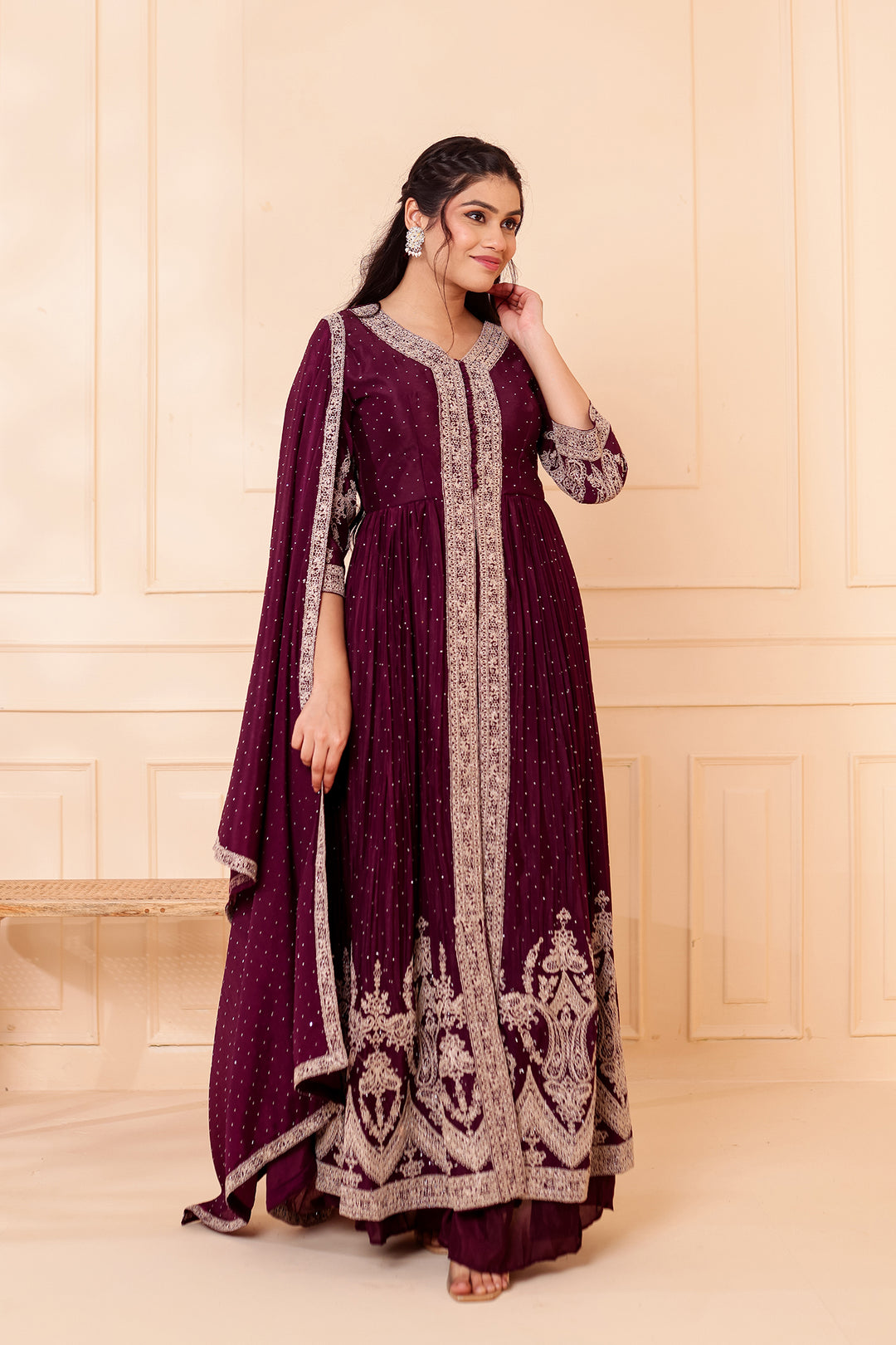 Wine Chinon Silk Long Anarkali with Skirt.