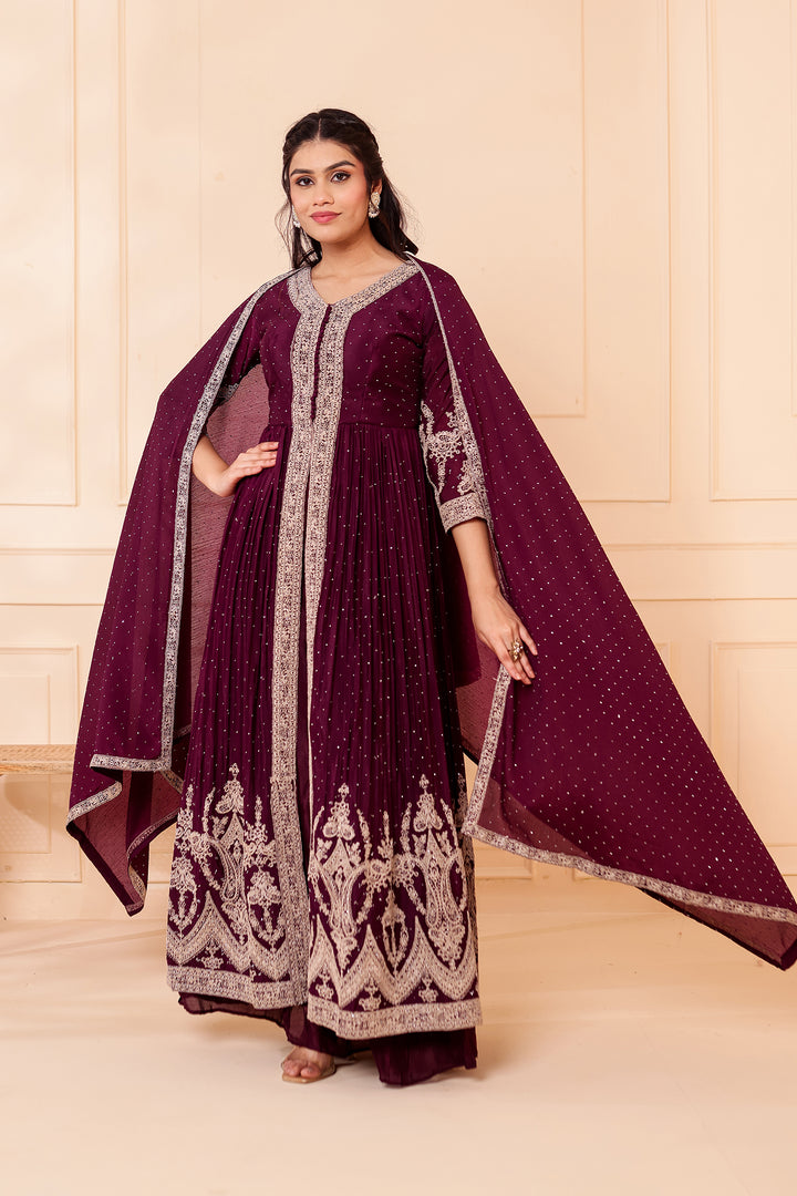 Wine Chinon Silk Long Anarkali with Skirt.