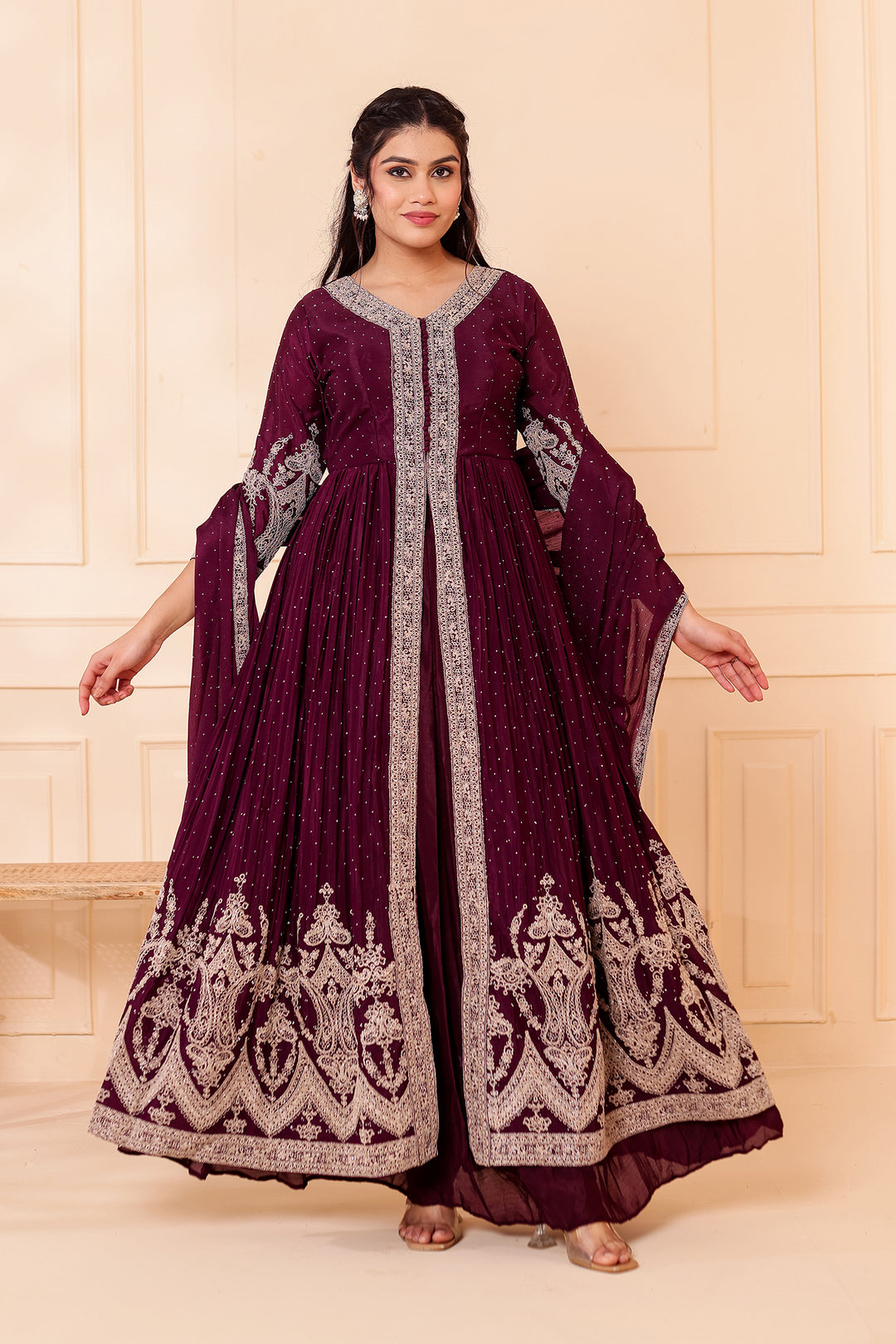 Wine Chinon Silk Long Anarkali with Skirt.