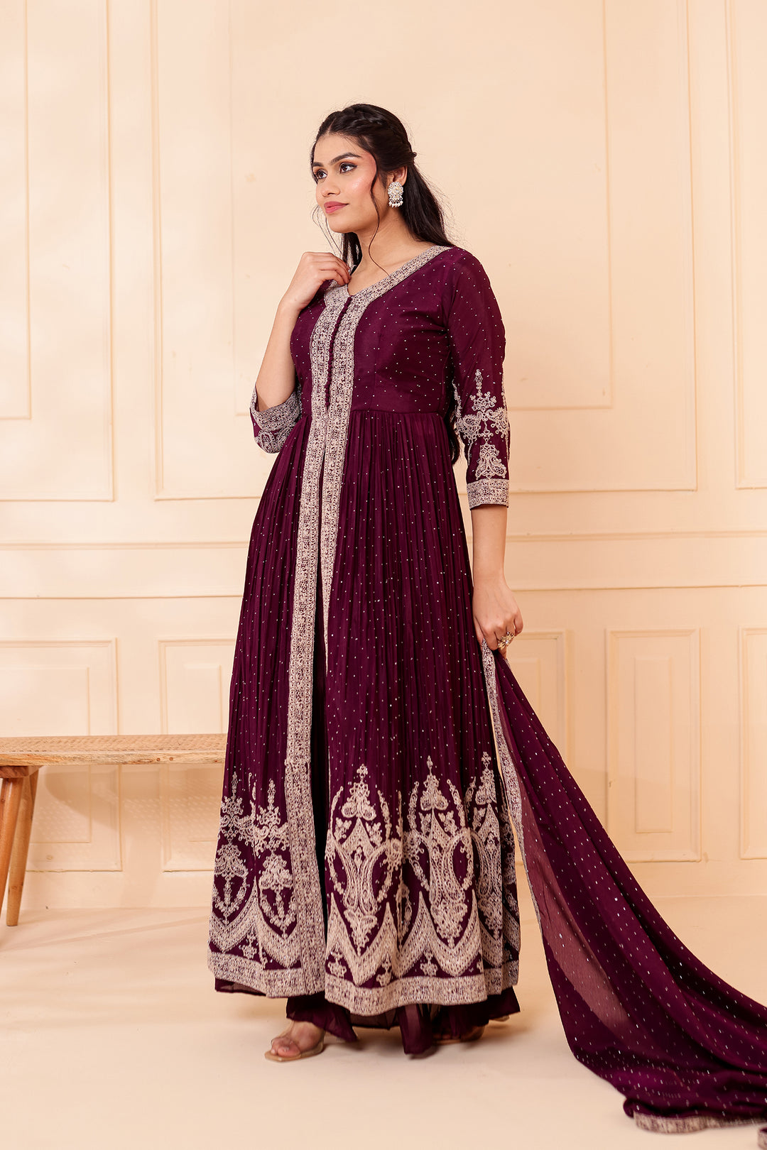 Wine Chinon Silk Long Anarkali with Skirt.