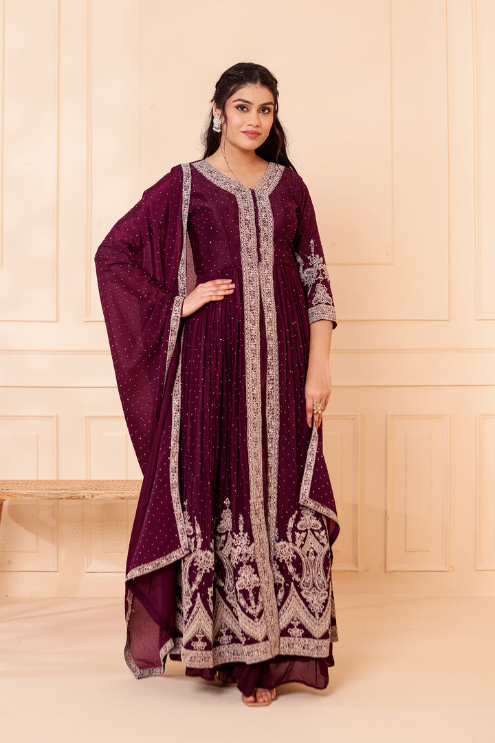 Wine Chinon Silk Long Anarkali with Skirt.