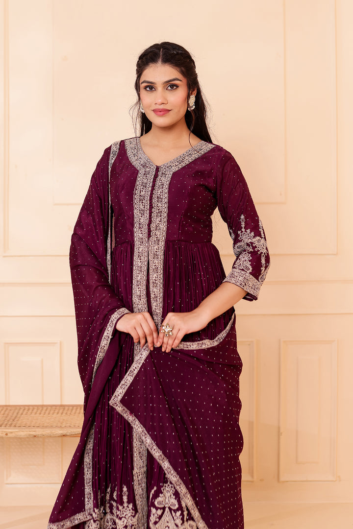 Wine Chinon Silk Long Anarkali with Skirt.
