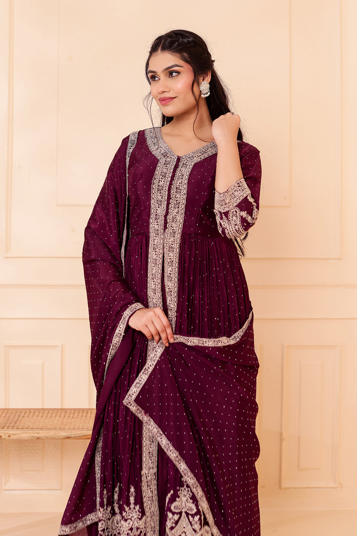 Wine Chinon Silk Long Anarkali with Skirt.