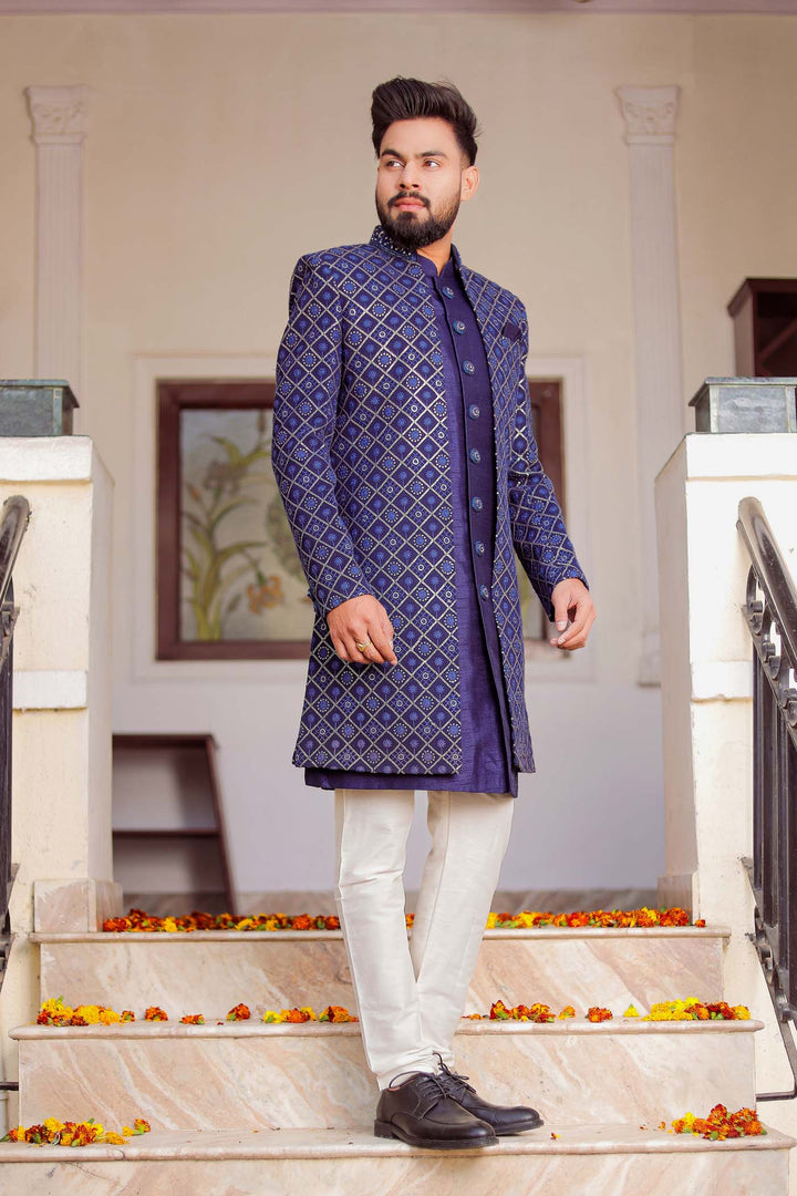 Navy Blue Lucknowi Jacket Style Indo-Western Suit