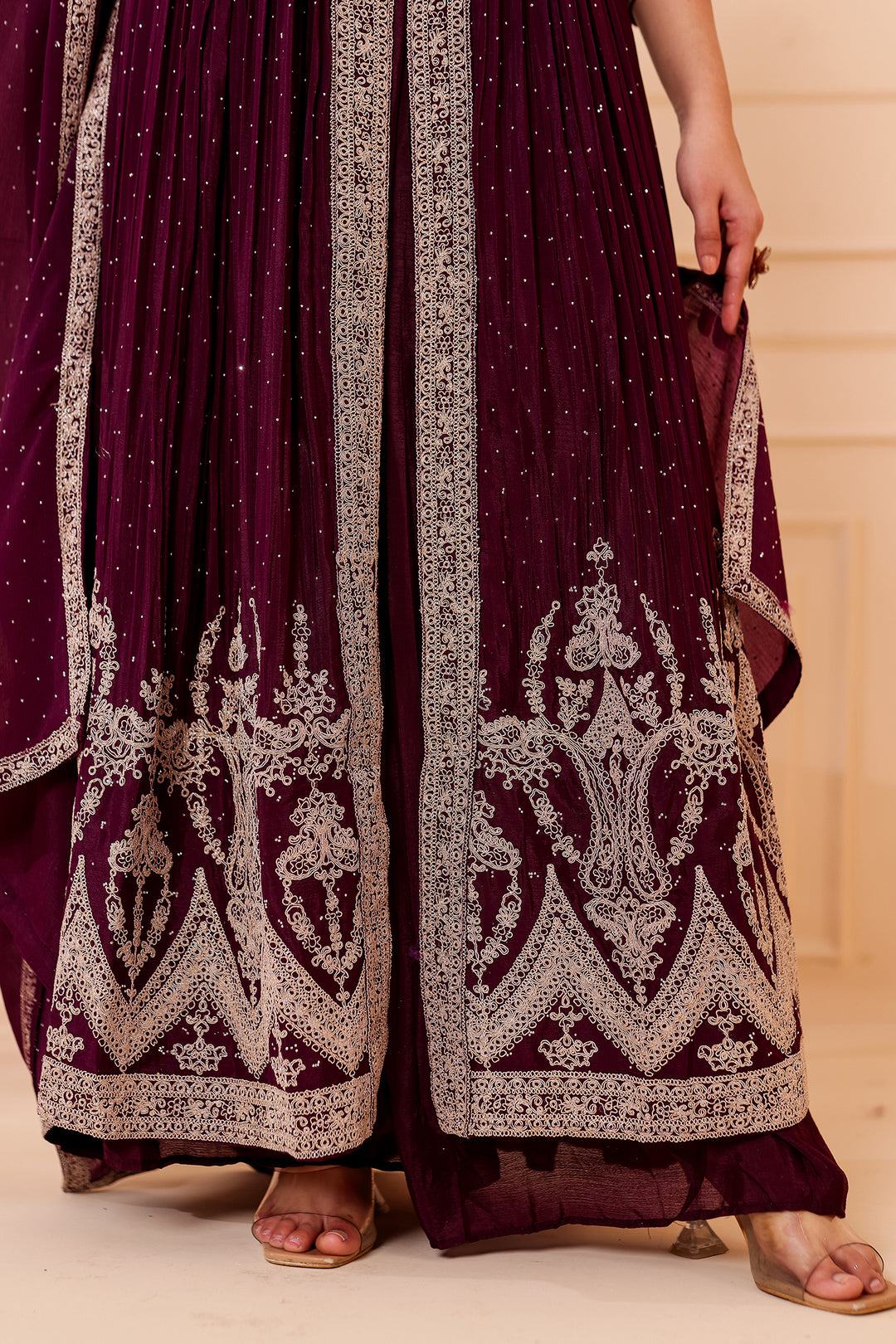 Wine Chinon Silk Long Anarkali with Skirt.