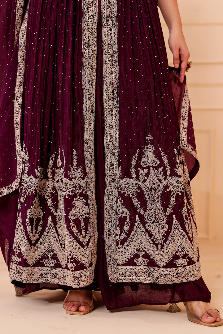 Wine Chinon Silk Long Anarkali with Skirt.