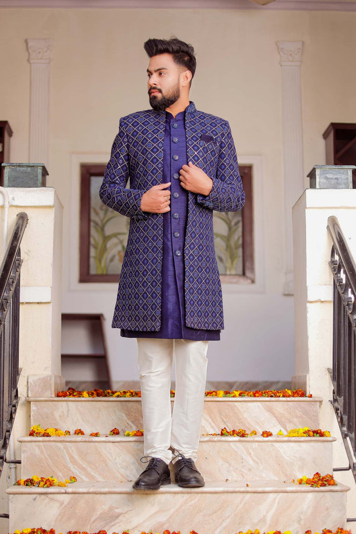 Navy Blue Lucknowi Jacket Style Indo-Western Suit