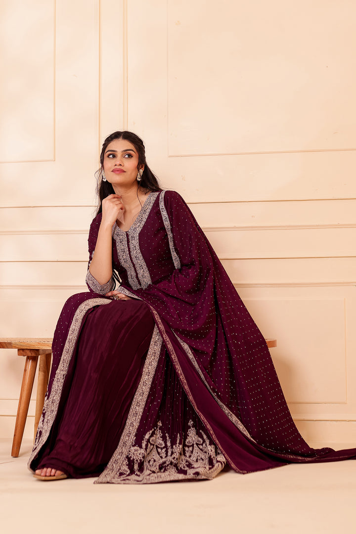 Wine Chinon Silk Long Anarkali with Skirt.