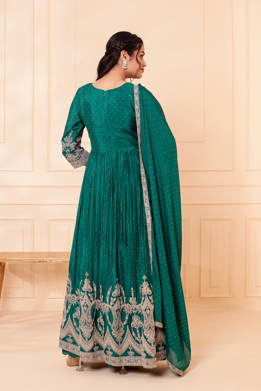 Dark Rama Chinon Silk Long Anarkali with Skirt.