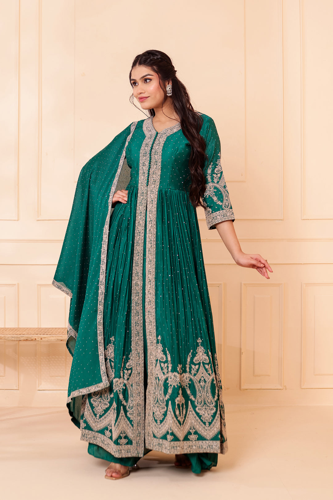 Dark Rama Chinon Silk Long Anarkali with Skirt.