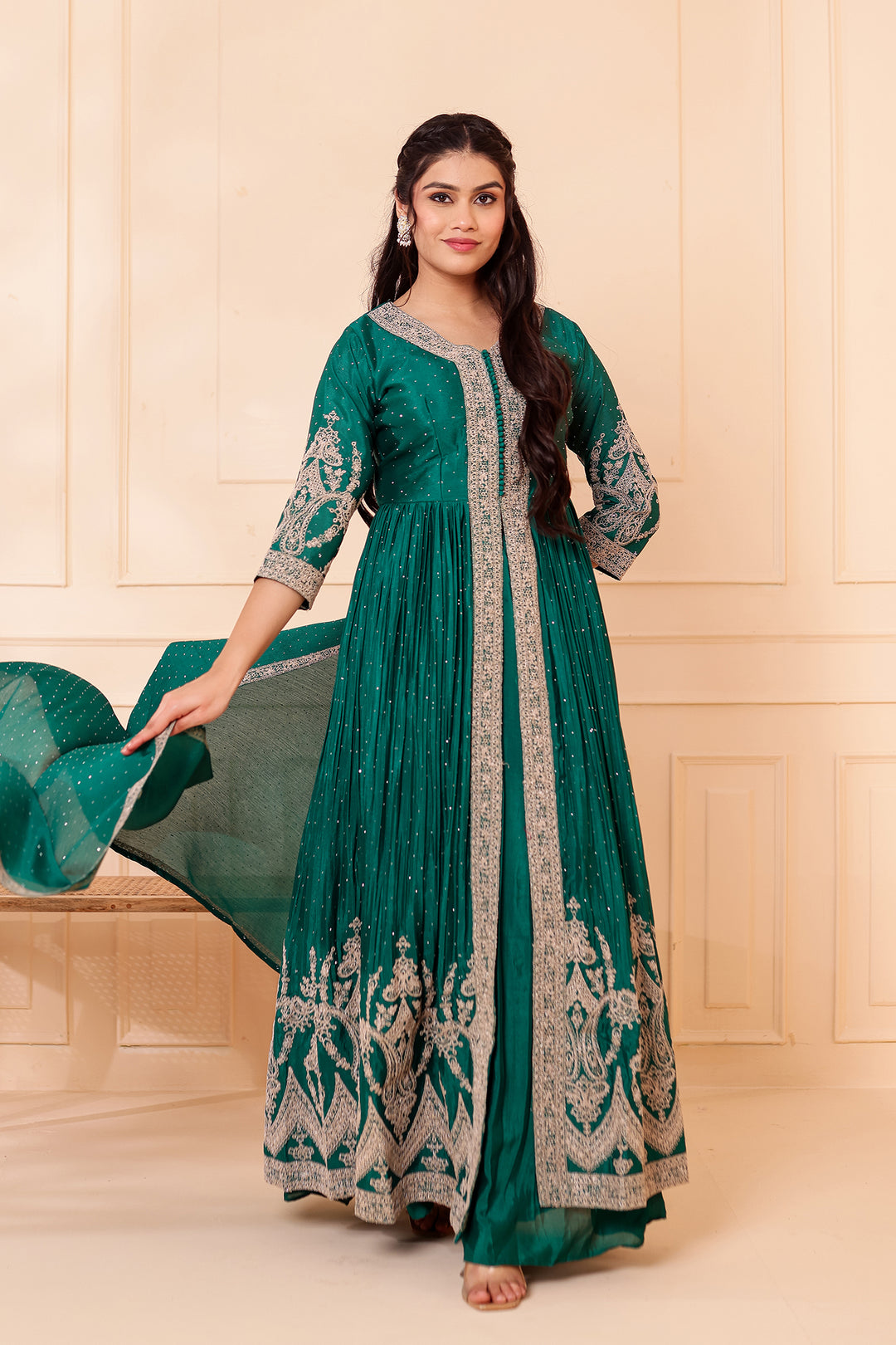 Dark Rama Chinon Silk Long Anarkali with Skirt.