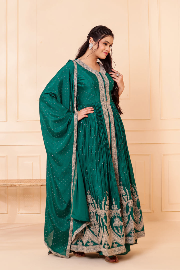 Dark Rama Chinon Silk Long Anarkali with Skirt.