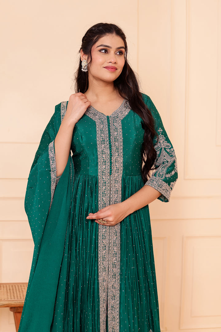 Dark Rama Chinon Silk Long Anarkali with Skirt.