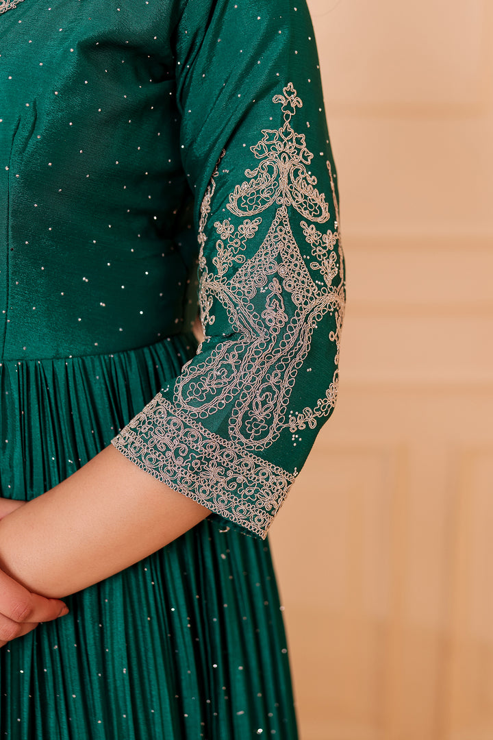 Dark Rama Chinon Silk Long Anarkali with Skirt.