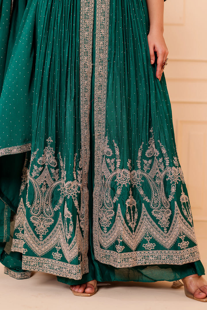 Dark Rama Chinon Silk Long Anarkali with Skirt.