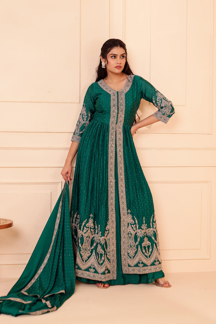 Dark Rama Chinon Silk Long Anarkali with Skirt.