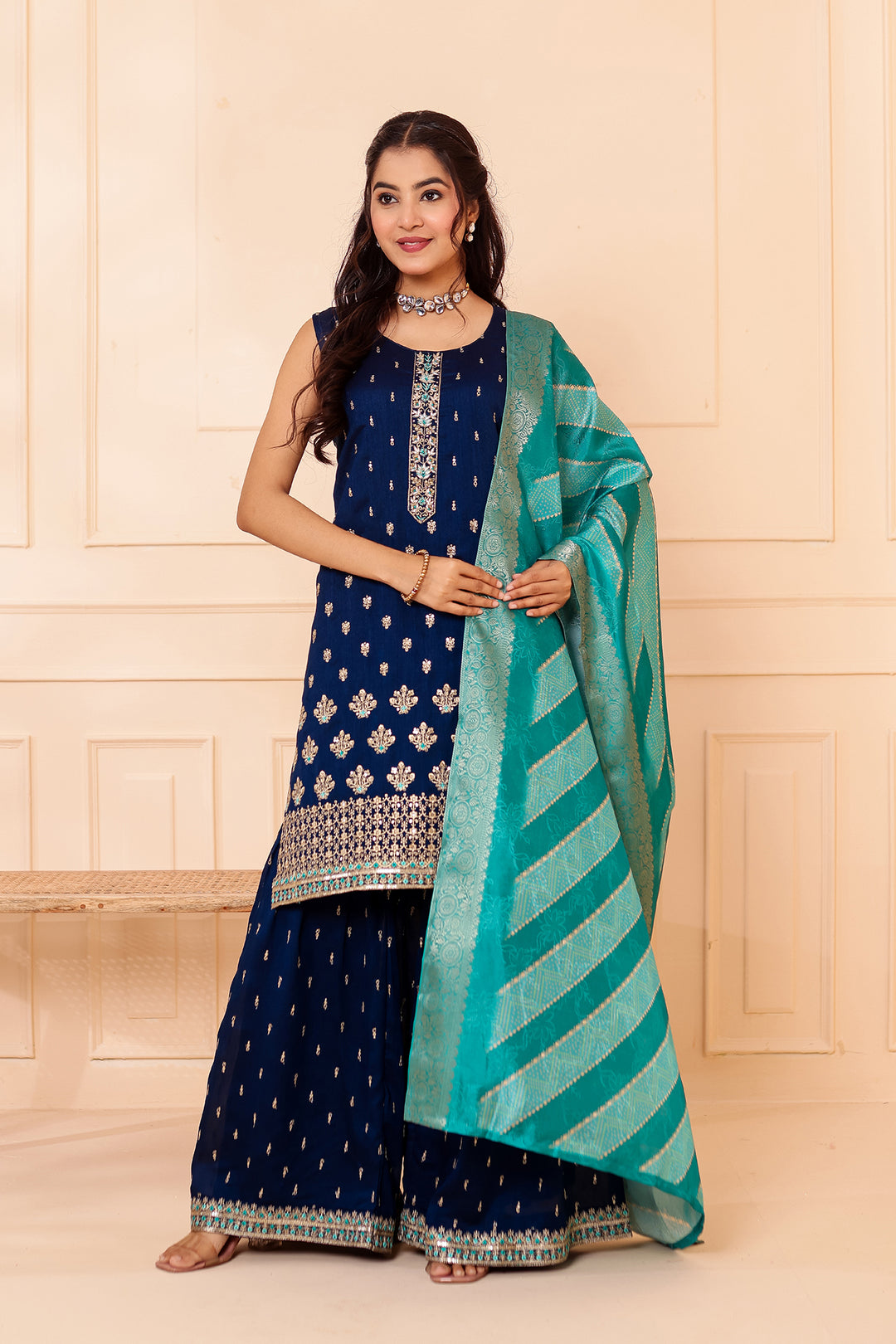Midnight Blue Vichitra Silk Sharara Suit.
