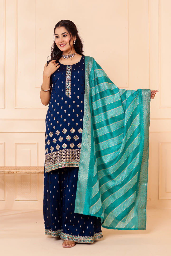 Midnight Blue Vichitra Silk Sharara Suit.