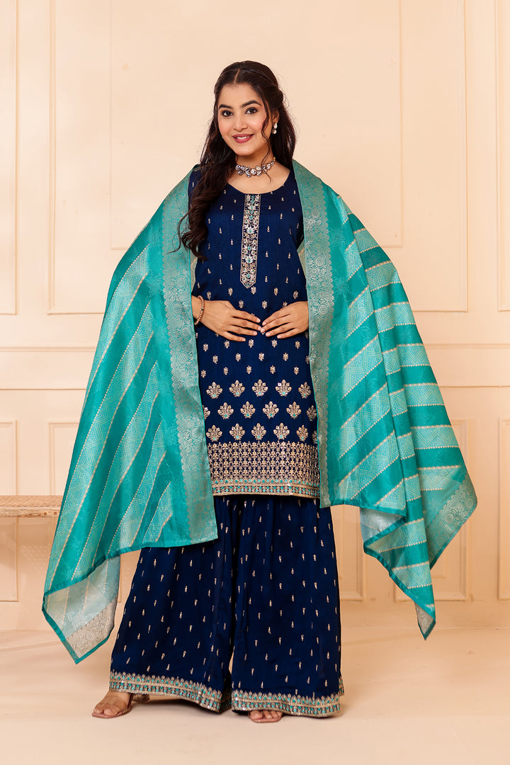 Midnight Blue Vichitra Silk Sharara Suit.