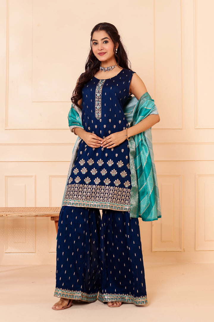 Midnight Blue Vichitra Silk Sharara Suit.