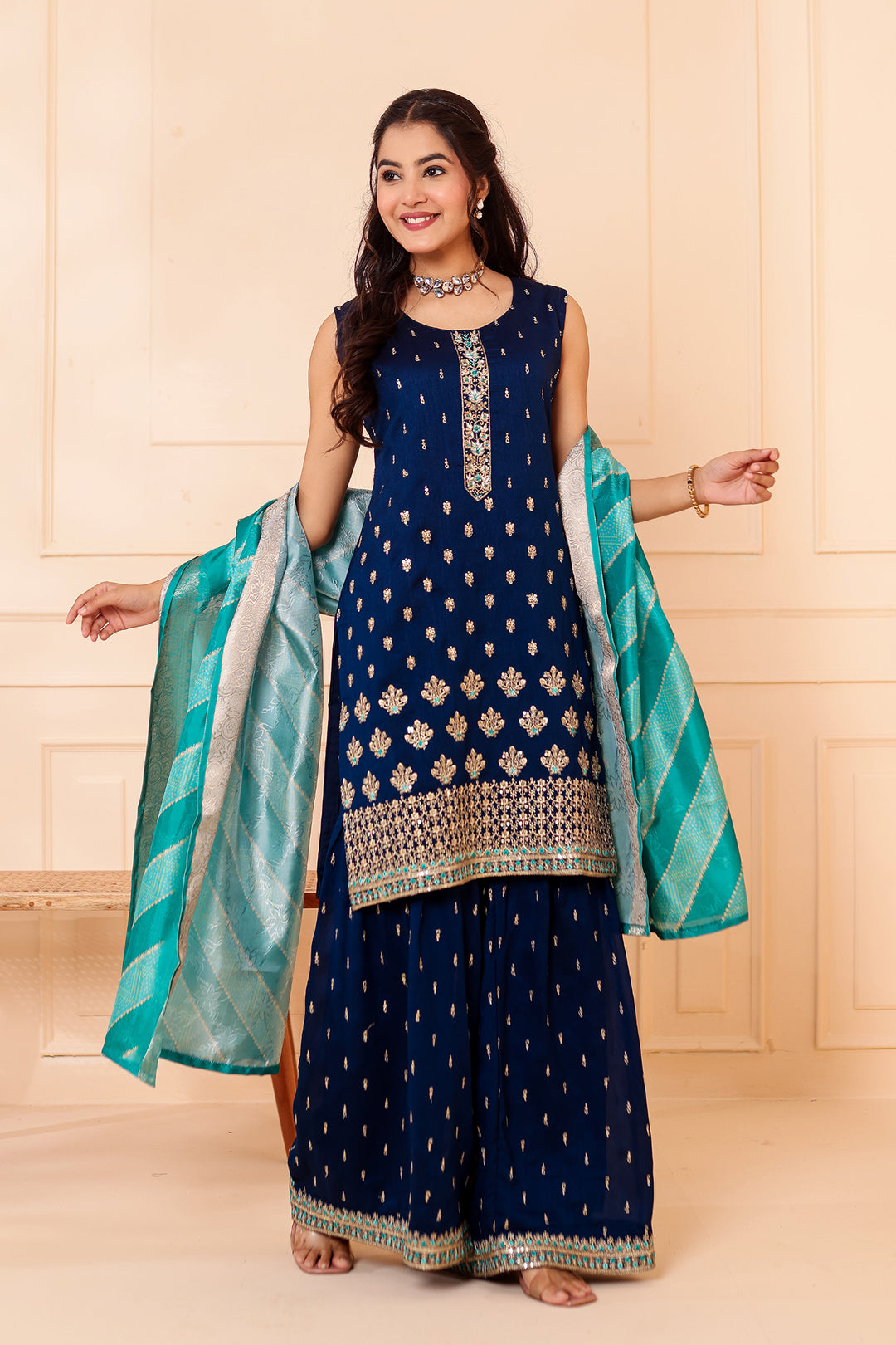 Midnight Blue Vichitra Silk Sharara Suit.