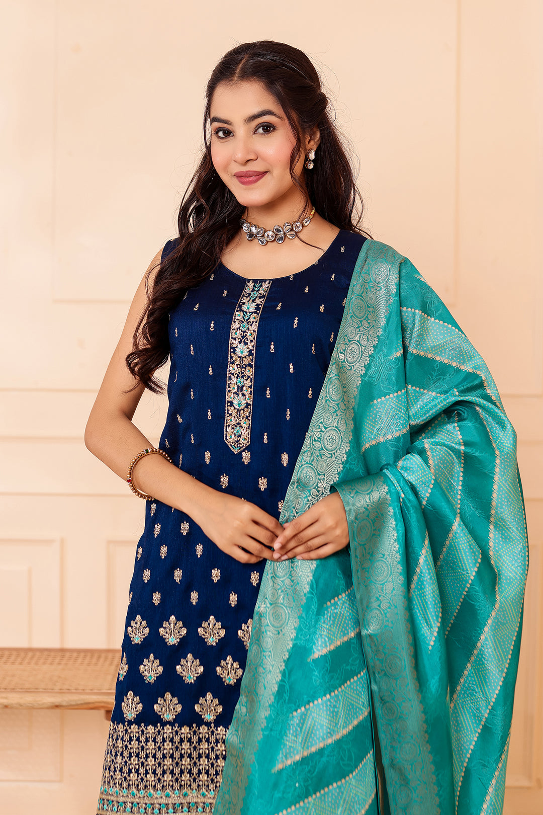 Midnight Blue Vichitra Silk Sharara Suit.